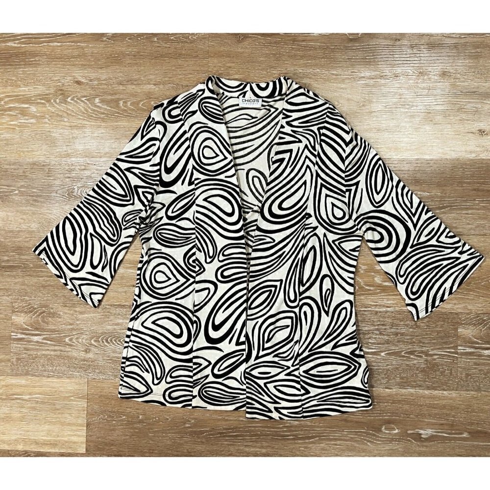Chico's 0 Sz S Black Slinky Psychedelic Geo Print Cardigan Jacket Pockets